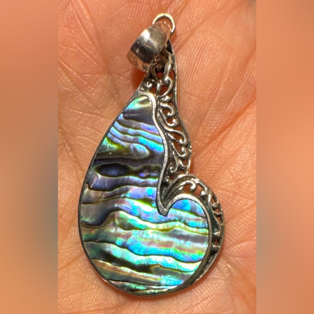 Bright, Colorful Abalone Teardrop Shaped Flat Pendant, Woven Pattern Around Edge